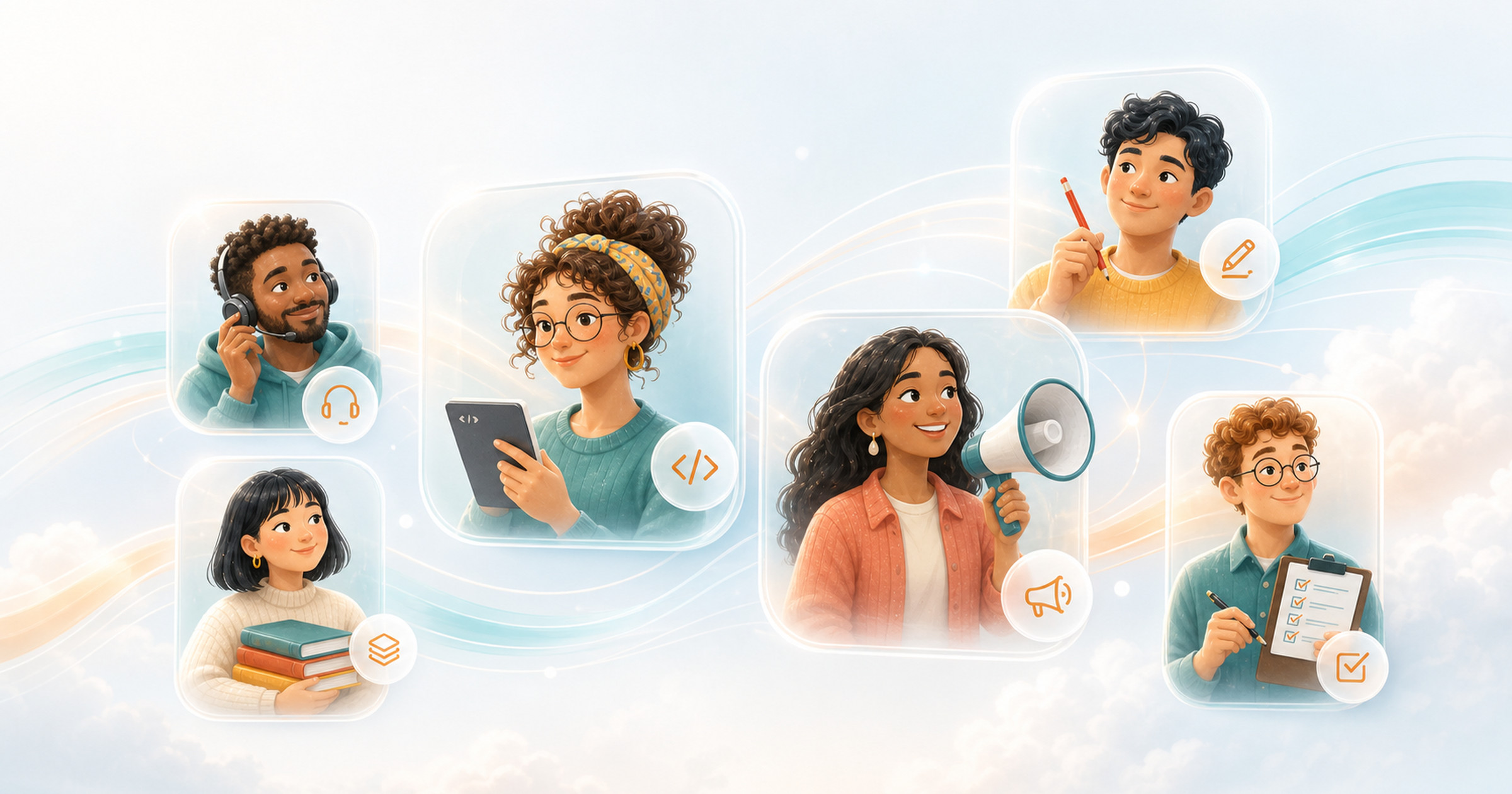 Six friendly specialist agent avatars presented in translucent profile cards