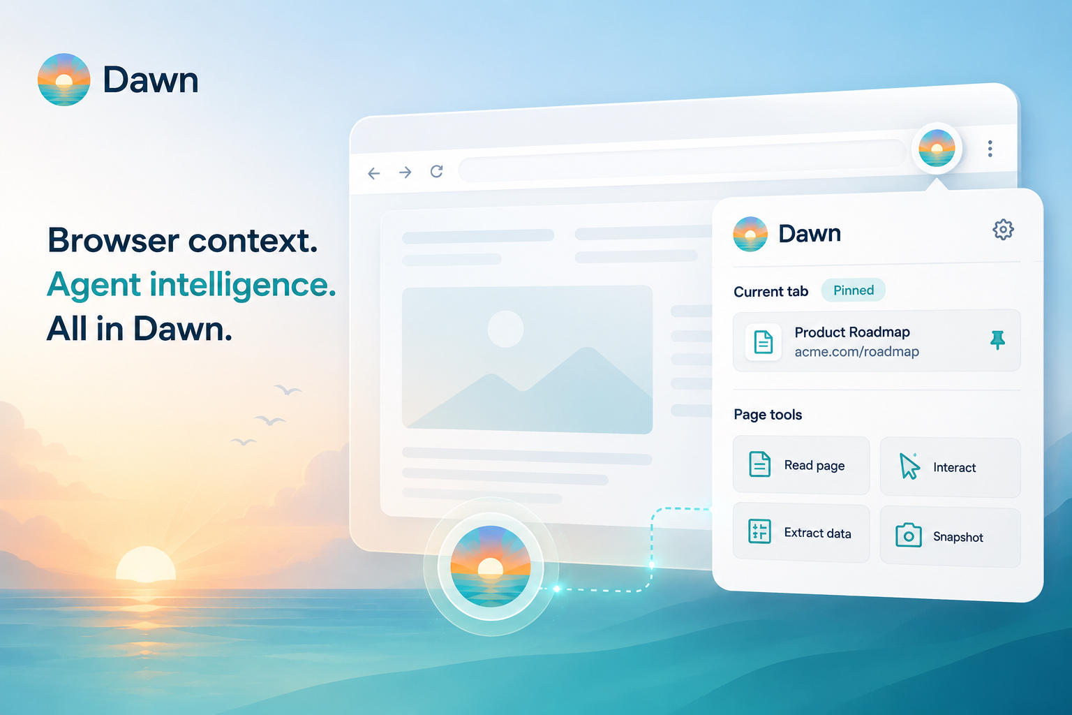 Dawn browser extension interface showing a pinned browser tab and page tools for reading, interacting, extracting data, and taking snapshots.