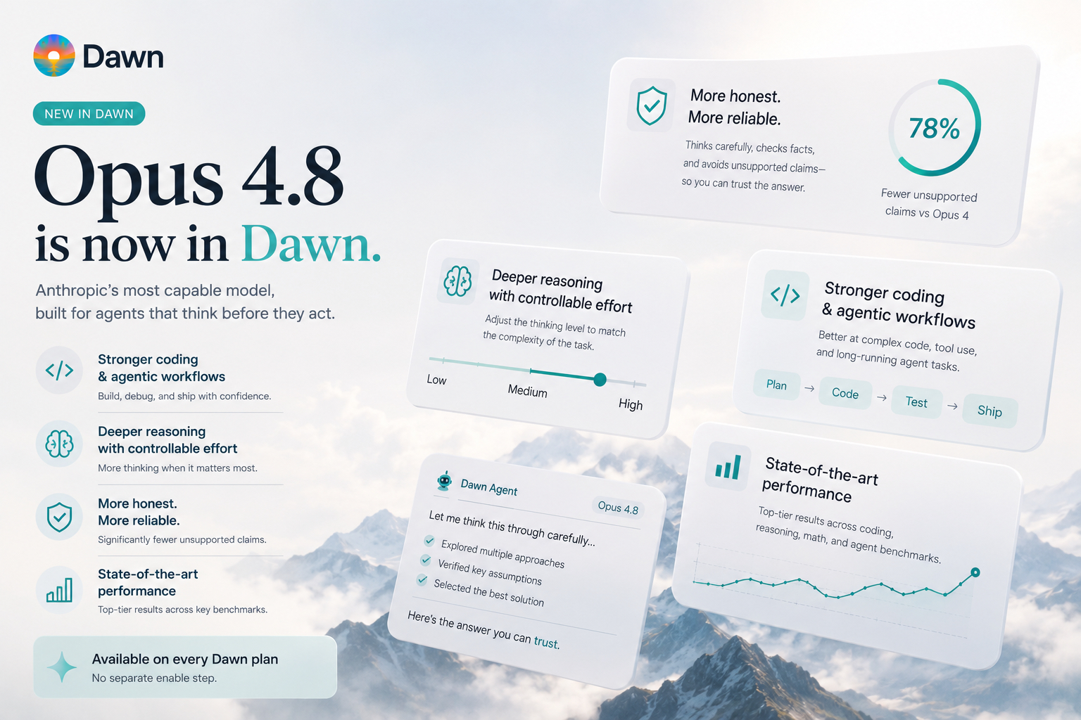 Claude Opus 4.8 branding for the Dawn model catalogue announcement of Anthropic's most capable generally available model.