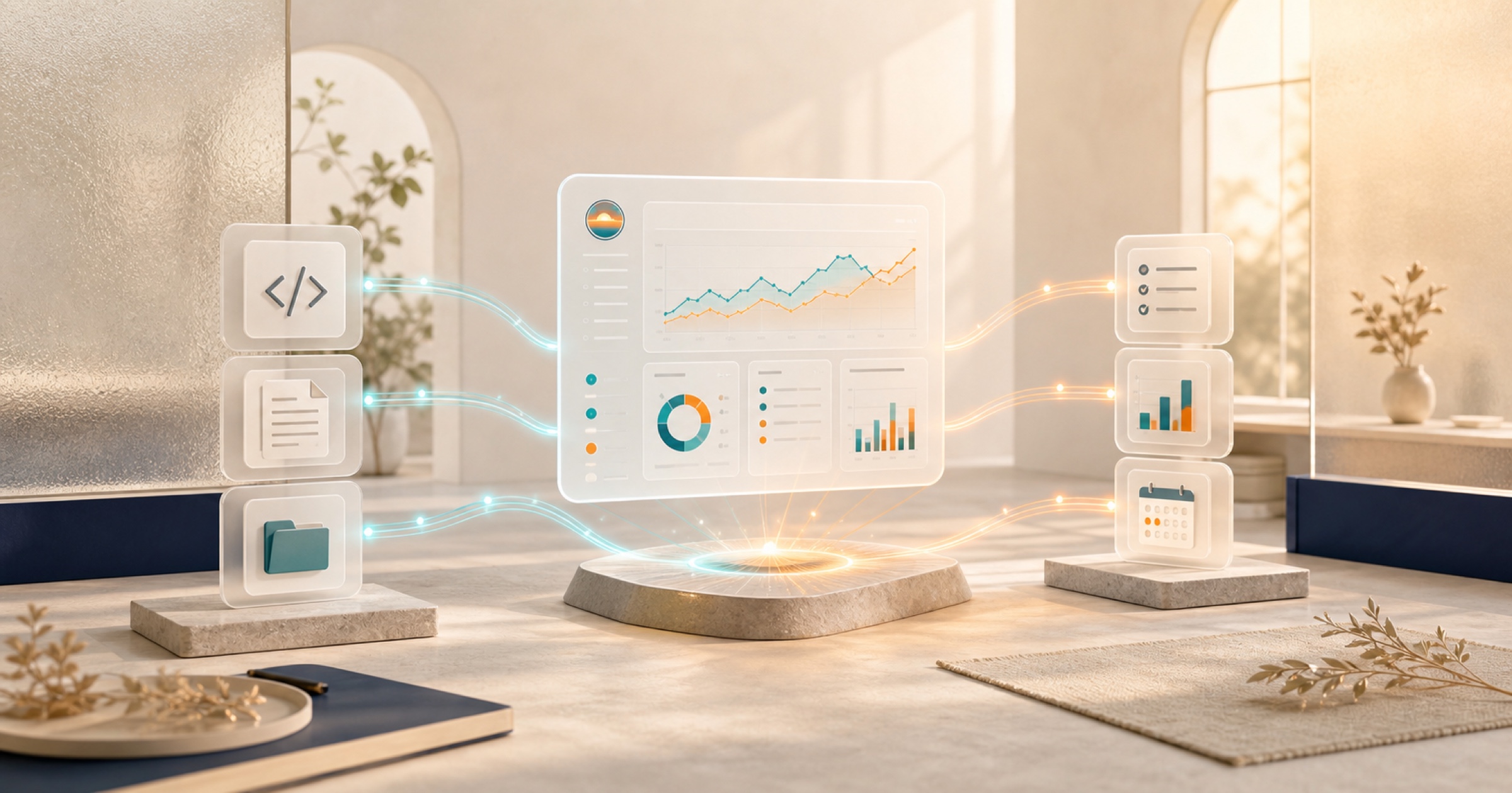 Connected code, document, analytics, work tracking, and calendar modules flowing into a Dawn workspace hub