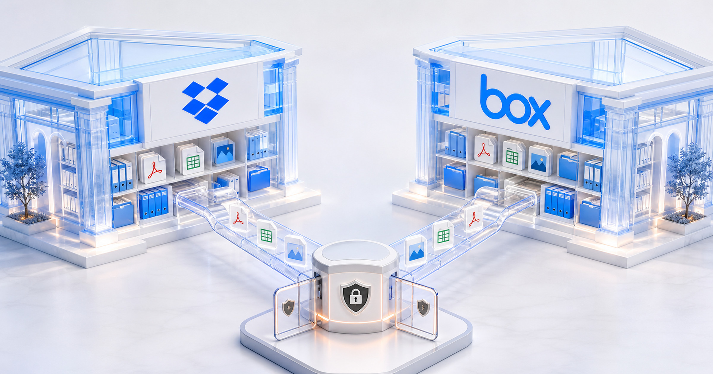 Dropbox and Box logos above secure cloud document libraries connected to a scoped access hub