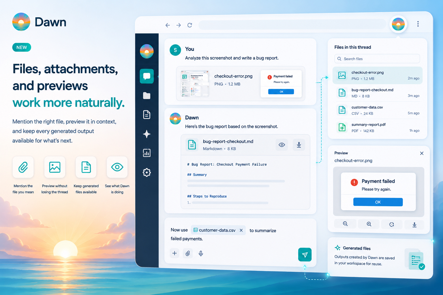 Dawn chat showing file mentions, attachment previews, generated files, and a file browser panel.