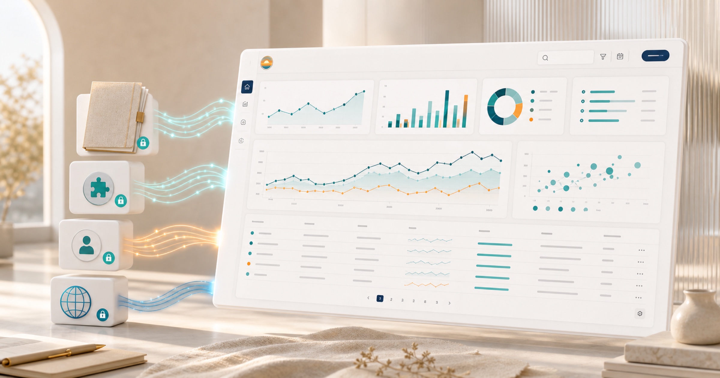 Governed workspace, plugin, personal, and public web data flowing into an interactive Dawn dashboard