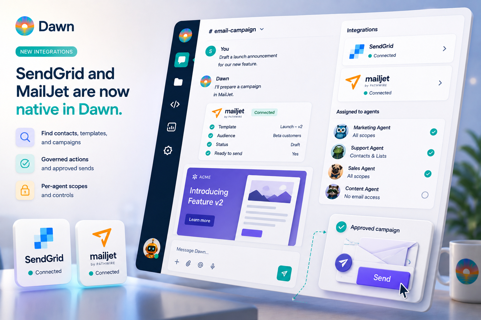 Dawn SendGrid and MailJet integrations interface showing connected email scopes, campaign drafting, template work, and approved sends.