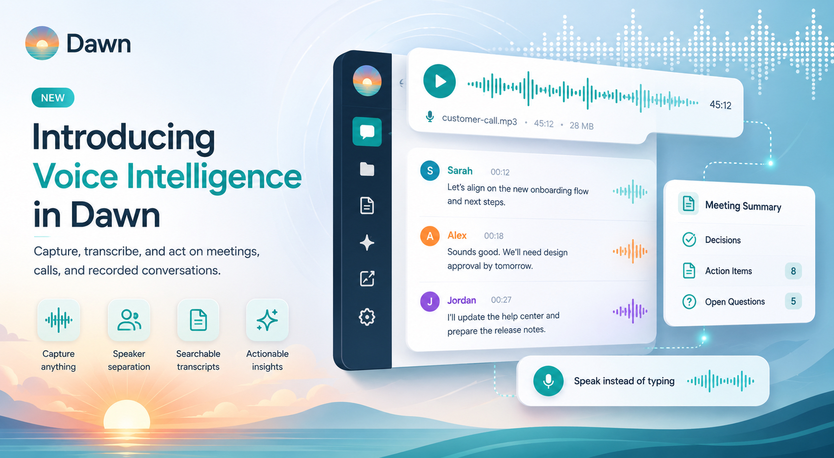 Dawn Voice Intelligence interface showing an audio recording, speaker-separated transcript, and meeting summary.
