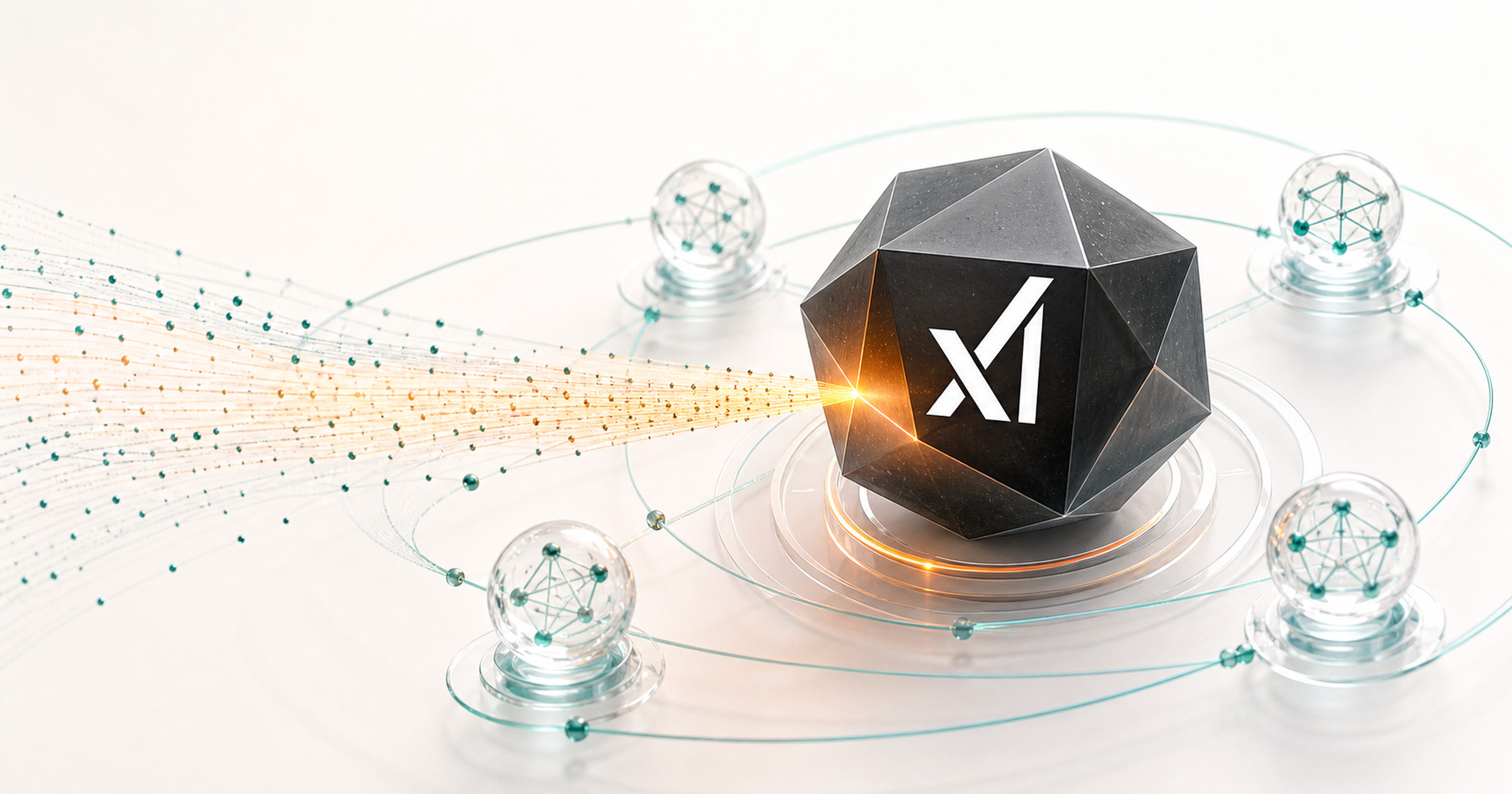 xAI logo on a faceted model core surrounded by orbiting model nodes